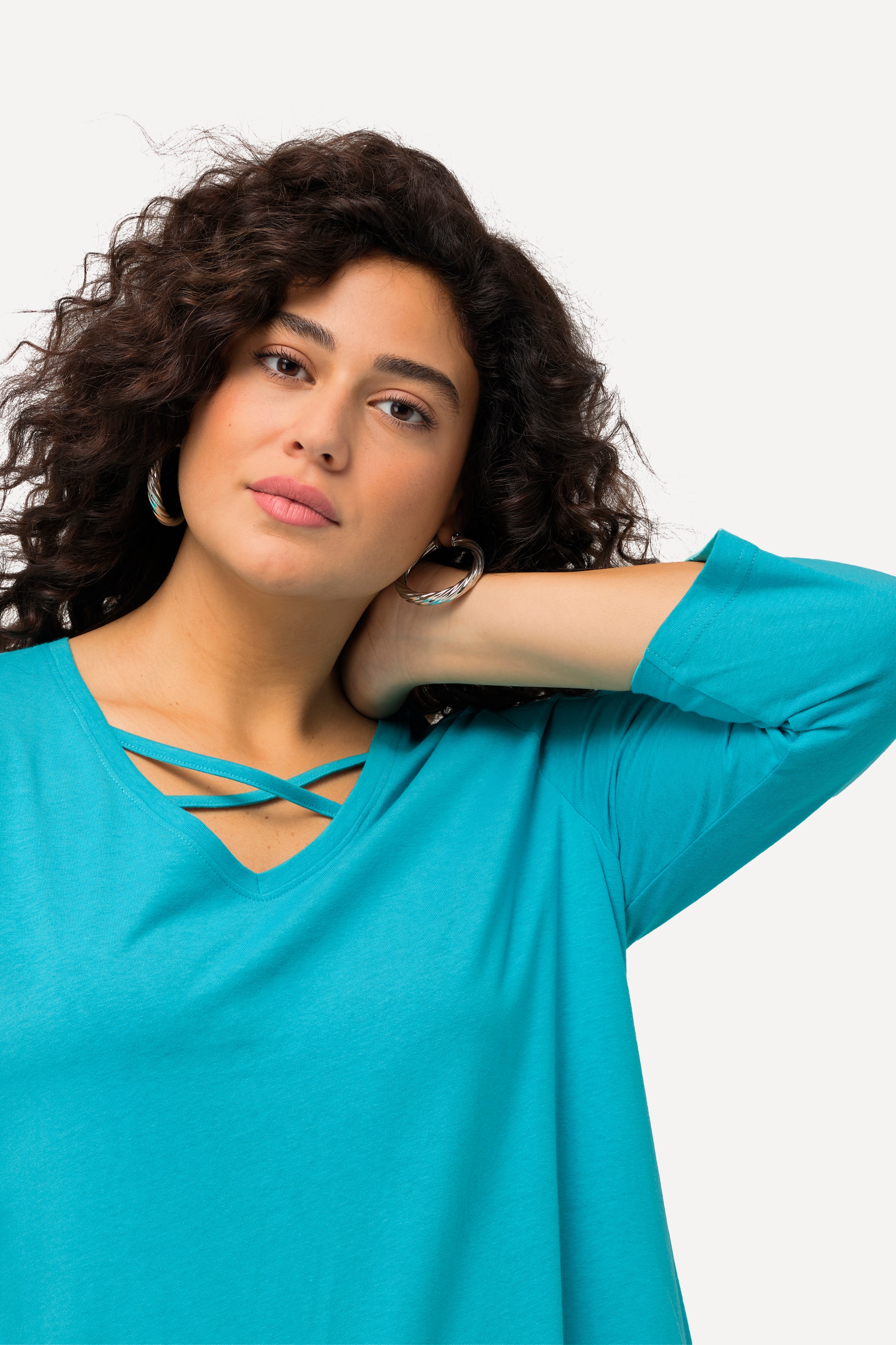 Ulla Popken Damen große Größen Longshirt Zierbänder A Linie V Ausschnitt