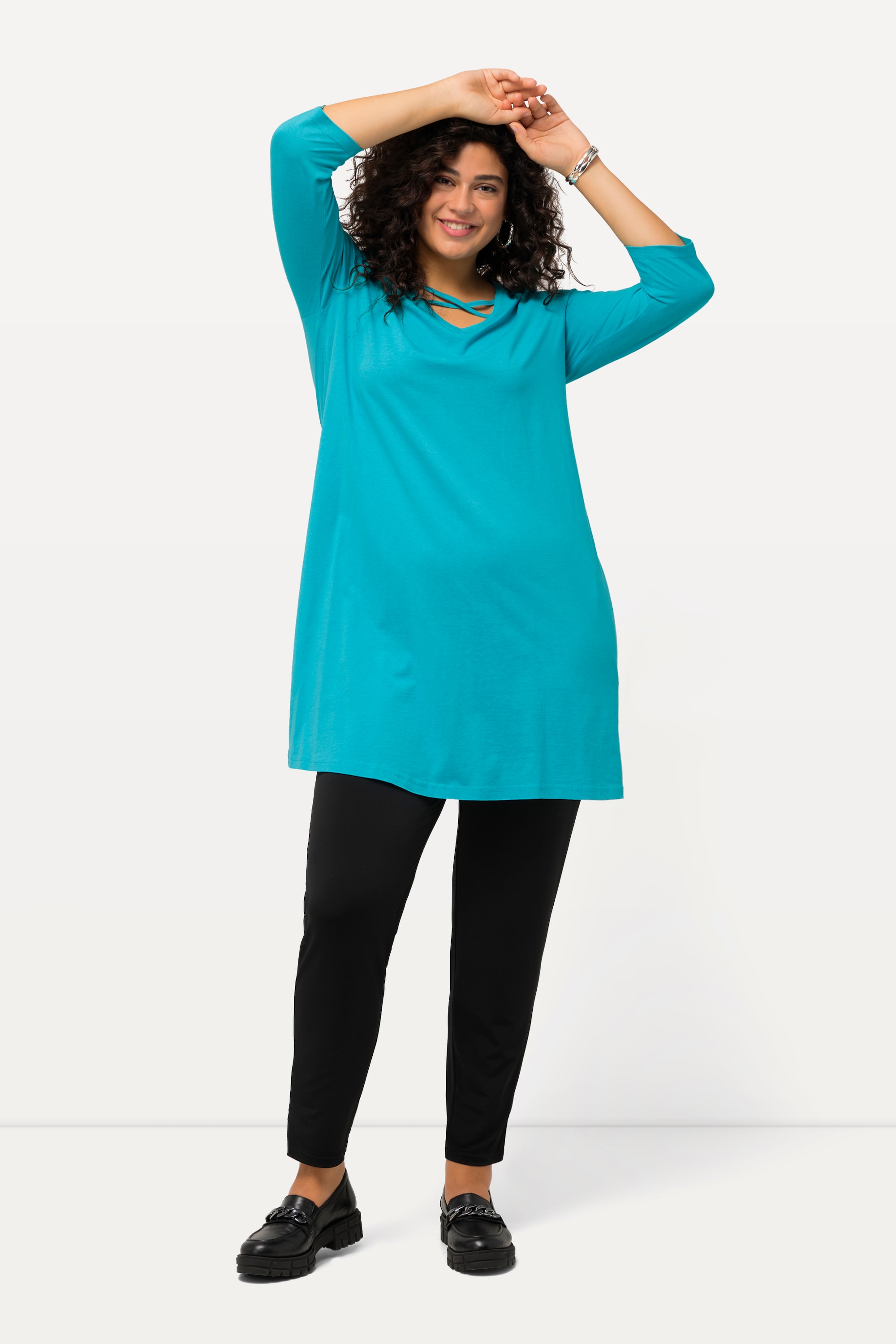 Ulla Popken Damen große Größen Longshirt Zierbänder A Linie V Ausschnitt