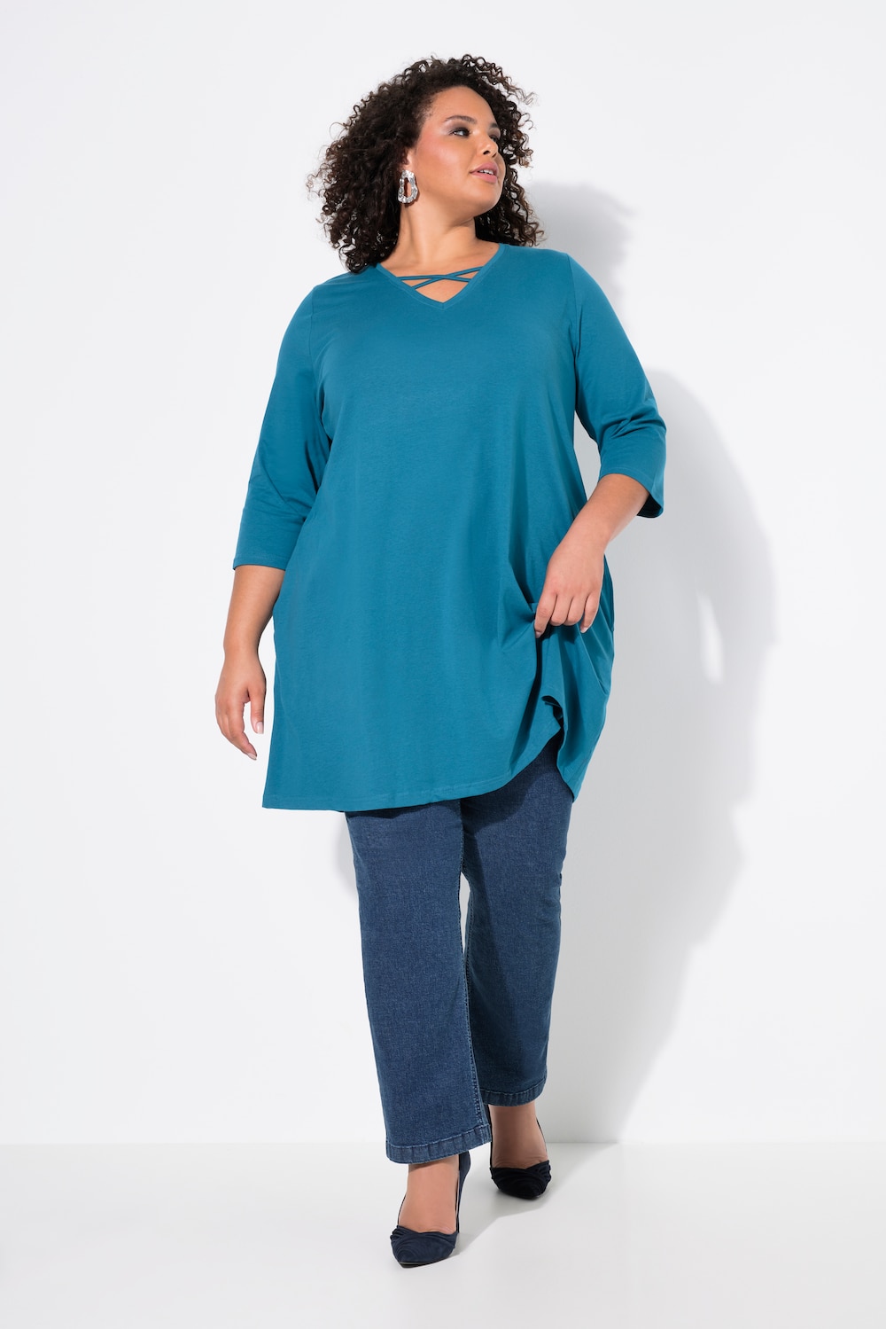Longshirt, Zierbänder, A-Linie, V-Ausschnitt, 3/4-Arm