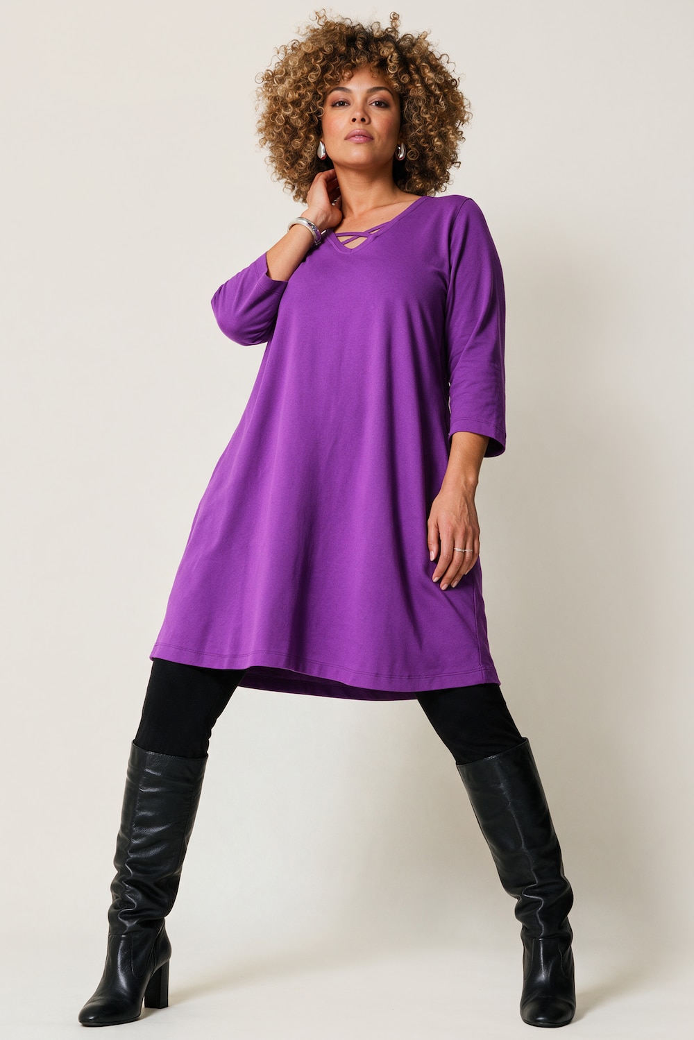 Longshirt, Zierbänder, A-Linie, V-Ausschnitt, 3/4-Arm