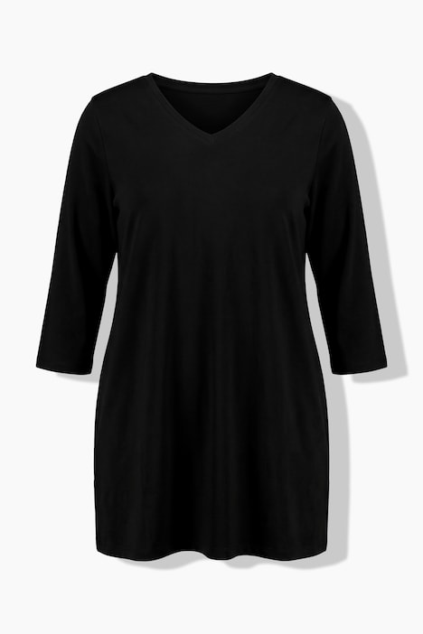 T-shirt long, coupe évasée, décolleté en V et manches 3/4