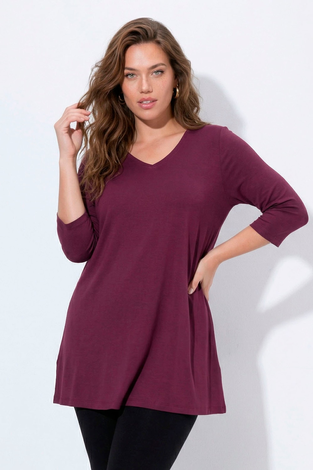 Longshirt, A-Linie, V-Ausschnitt, 3/4-Arm