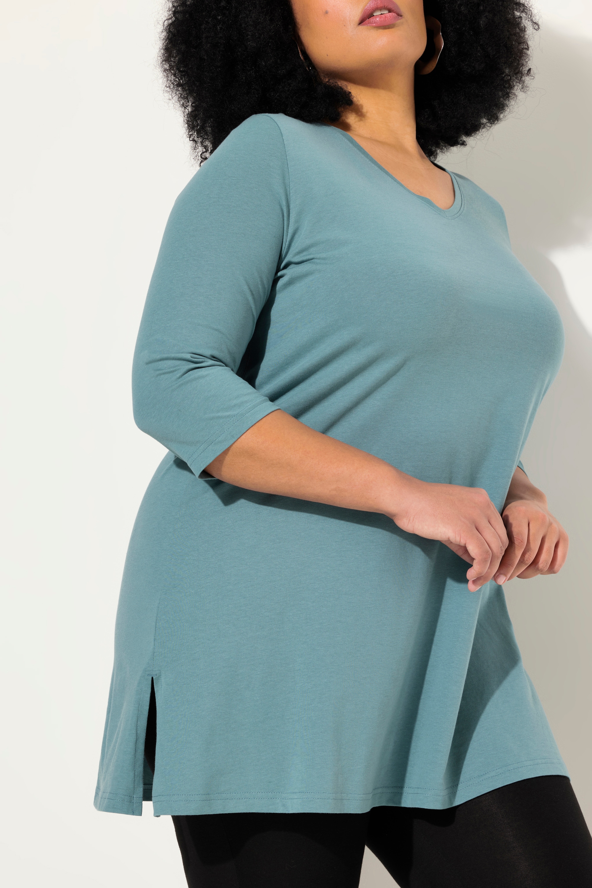 Ulla Popken Damen große Größen Longshirt A Linie V Ausschnitt 3 4 Arm 825989