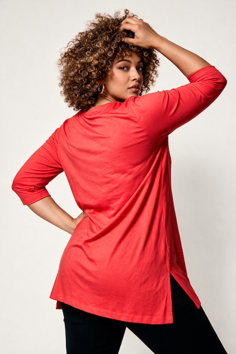 T-shirt long, coupe évasée, décolleté en V et manches 3/4