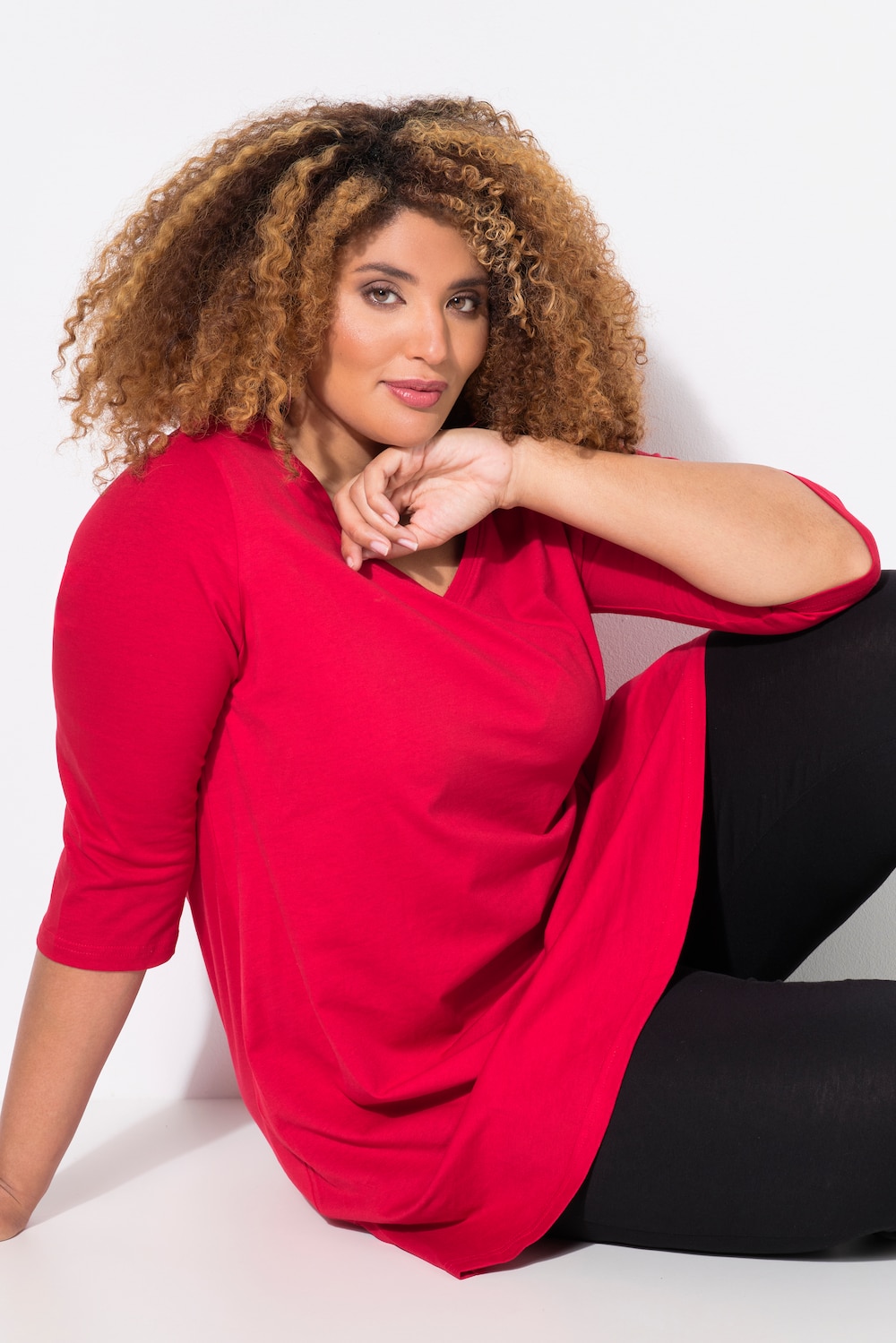 Longshirt, A-Linie, V-Ausschnitt, 3/4-Arm