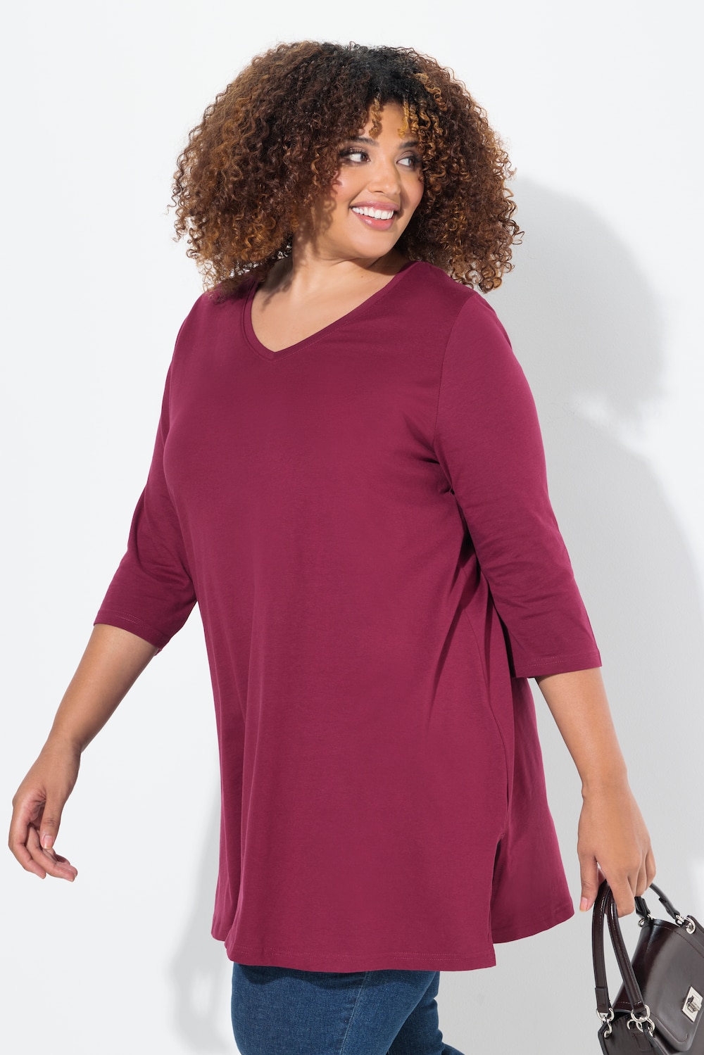 Longshirt, A-Linie, V-Ausschnitt, 3/4-Arm