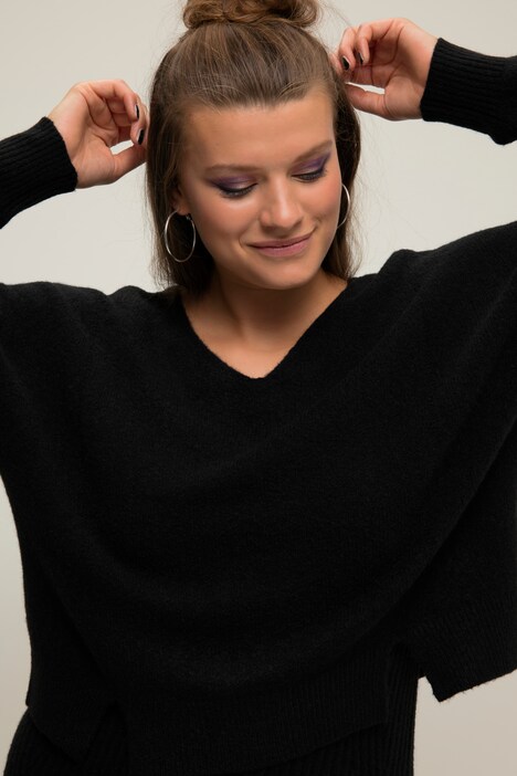 Pull Femme à Manches Longues Col V - Tricot Côtelé, Fentes Latérales, Couleurs Variées, Tailles S à XXL