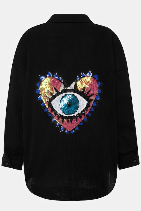 Blouse, oversized, mousseline, hart van pailletten op de achterkant, overhemdkraag, lange mouwen