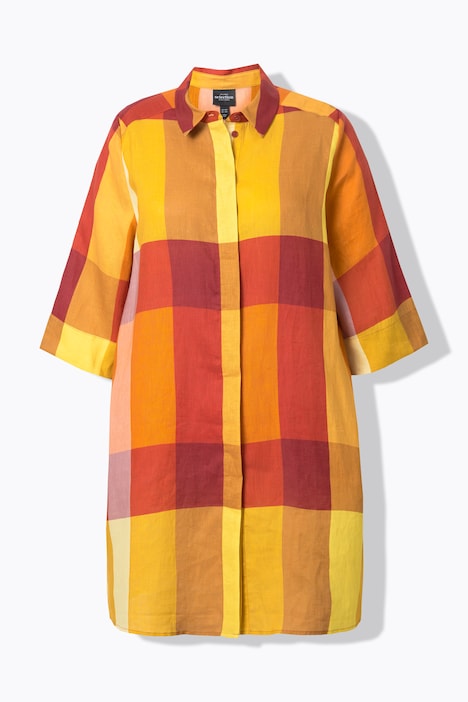 Linen Madras Check 3/4 Sleeve Shirt Dress