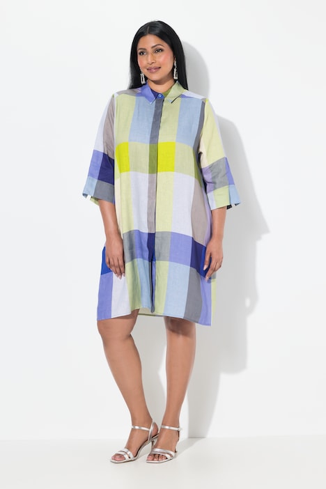 Linen Madras Check 3/4 Sleeve Shirt Dress