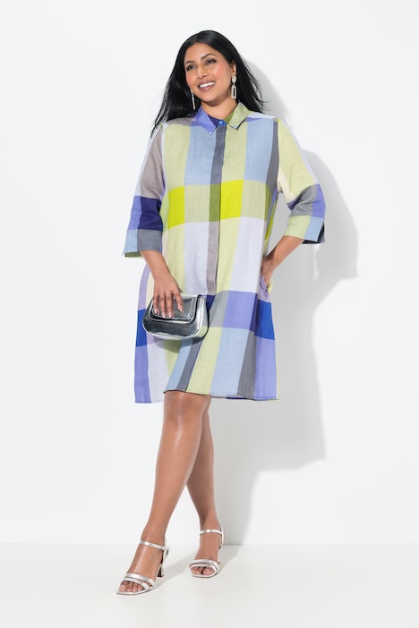 Linen Madras Check 3/4 Sleeve Shirt Dress