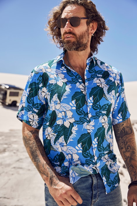 Chemise coupe Modern Fit. Manches courtes, col Kent et imprimé floral. Jusqu'au 8XL.