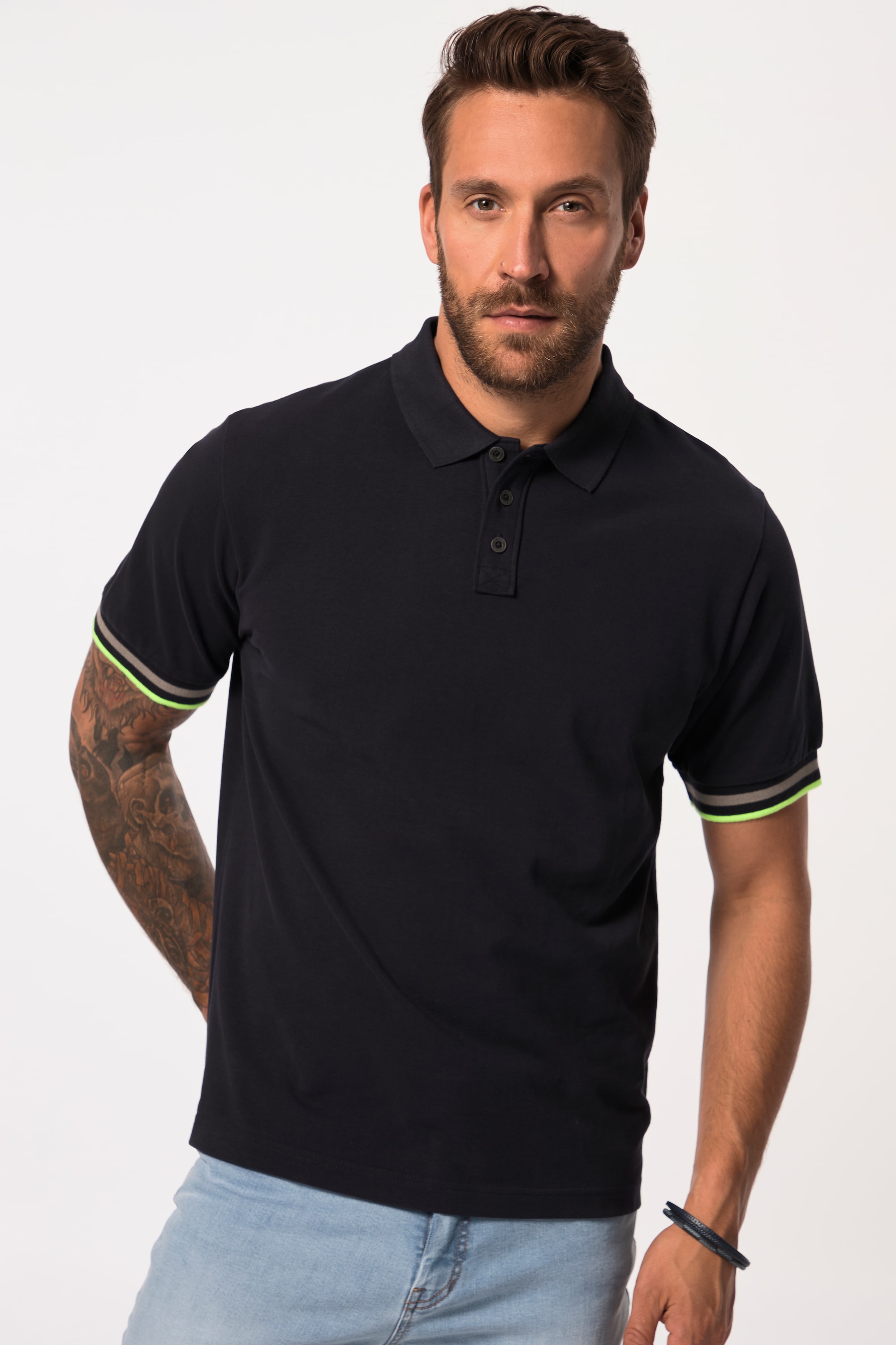 JP 1880 Herren große Größen Poloshirt Halbarm Piqué Streifenbündchen