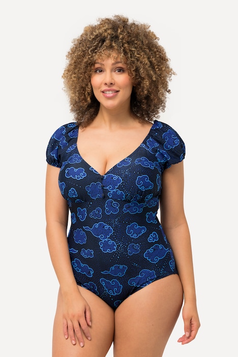 Cloud Print Puff Sleeve One Piece Swimsuit