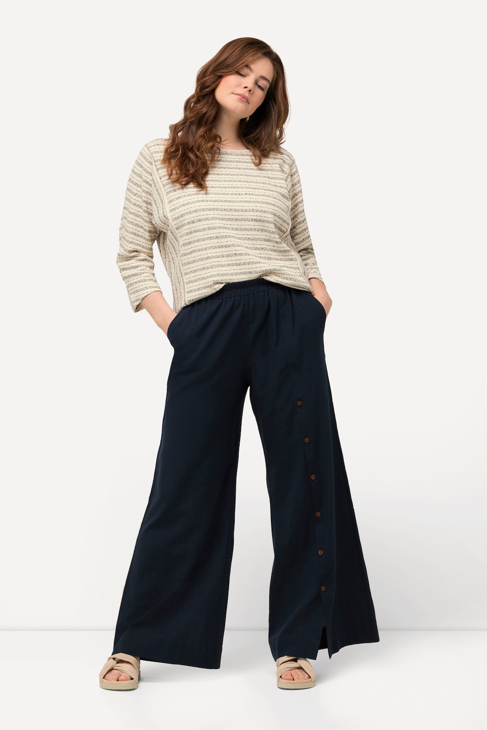 Grote Maten Wijde broek, Dames, blauw, Maat: 42/44, Katoen/Linnen, Ulla Popken