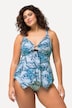 Tankini avec imprimé ailes, découpe, bonnets souples et finition en pointe. Matières recyclées