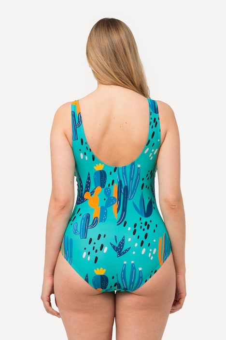 Cactus Print Rich Detail Ruched One Piece Swimsuit topaz Ulla Popken