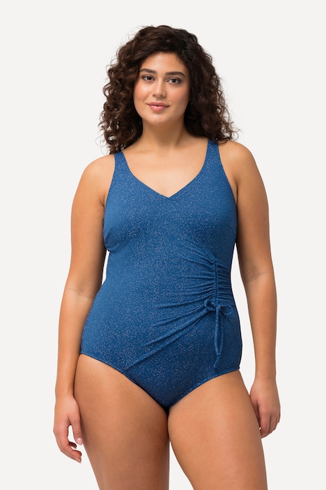 Maillot de bain scintillant style cache-cœur, bonnets souples, matière recyclée