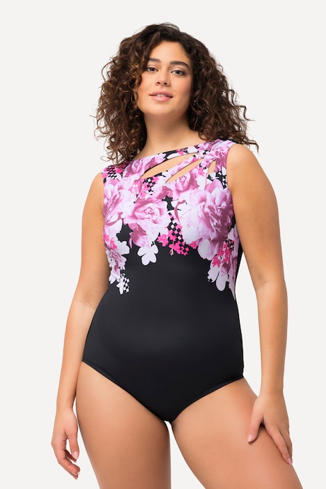 Maillot de bain avec bonnets souples. Imprimé à fleurs et découpes. Matière recyclée.