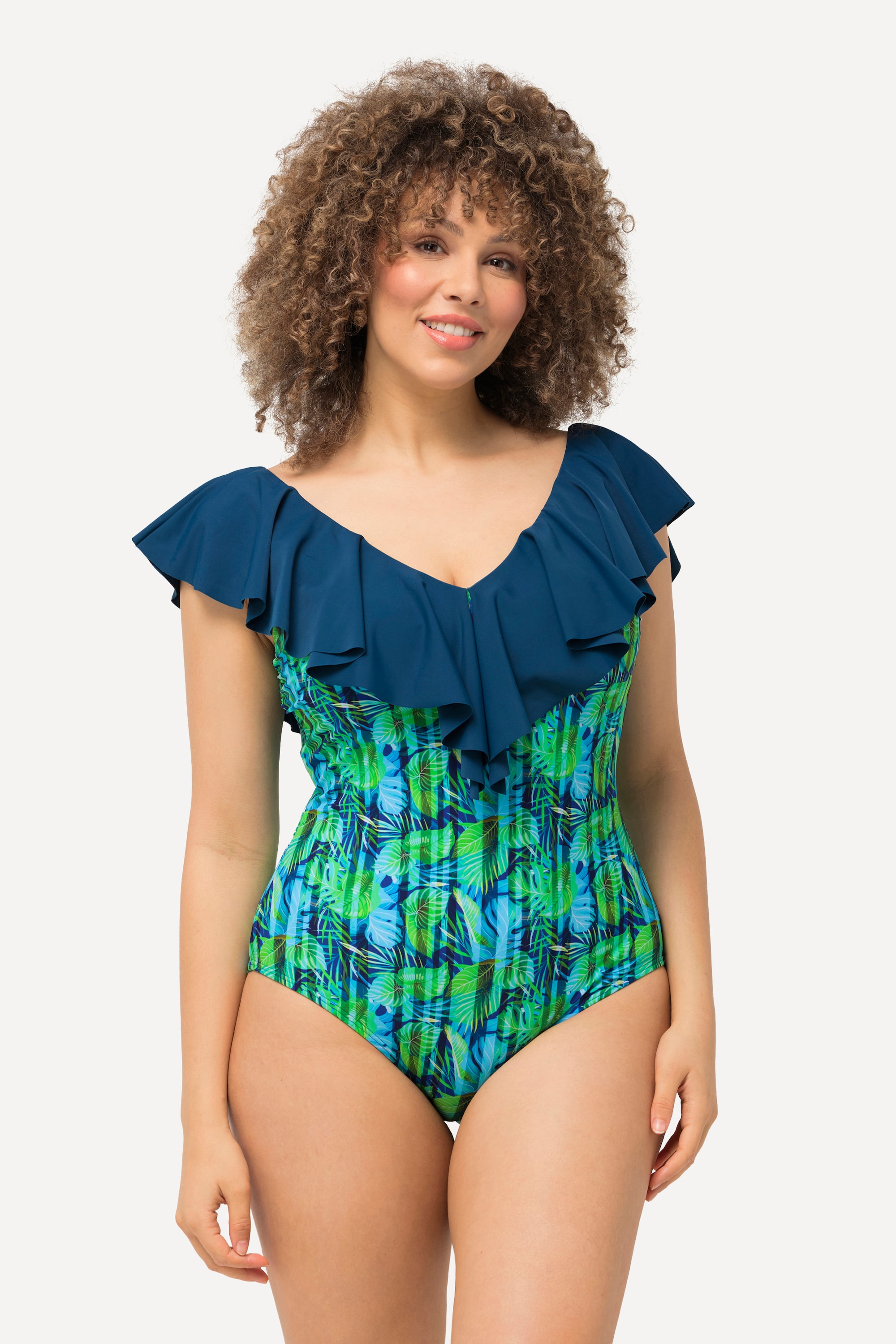 Ulla Popken Damen große Größen Badeanzug Blüten Streifen Softcups Volant 826396