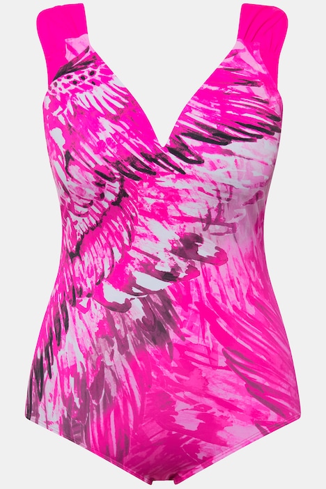 Abstract Print Pleated Strap Cutout Swimsuit, neon berry | Ulla Popken