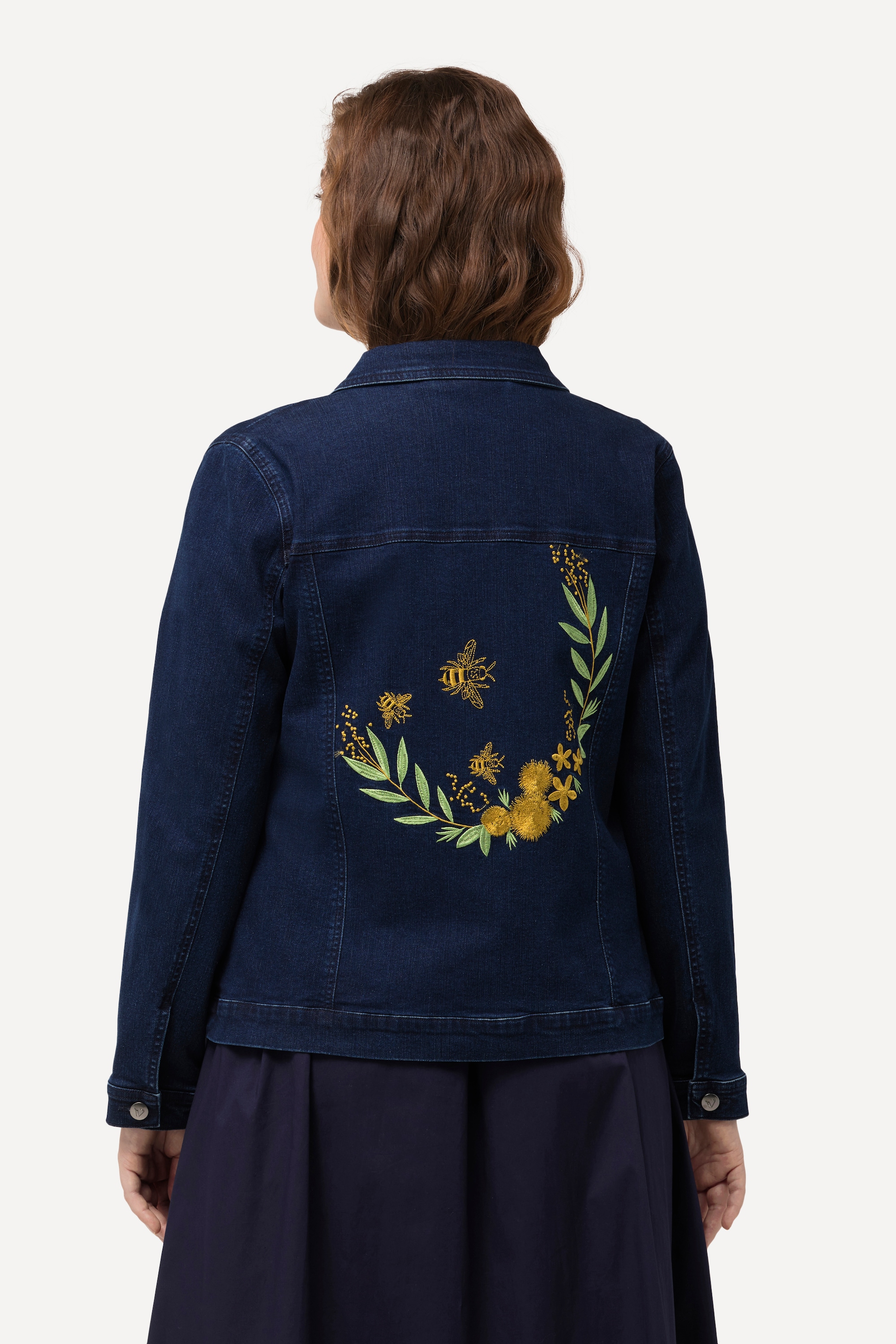 Ulla Popken Damen große Größen Jeansjacke Bienen Stickerei Hemdkragen 826533