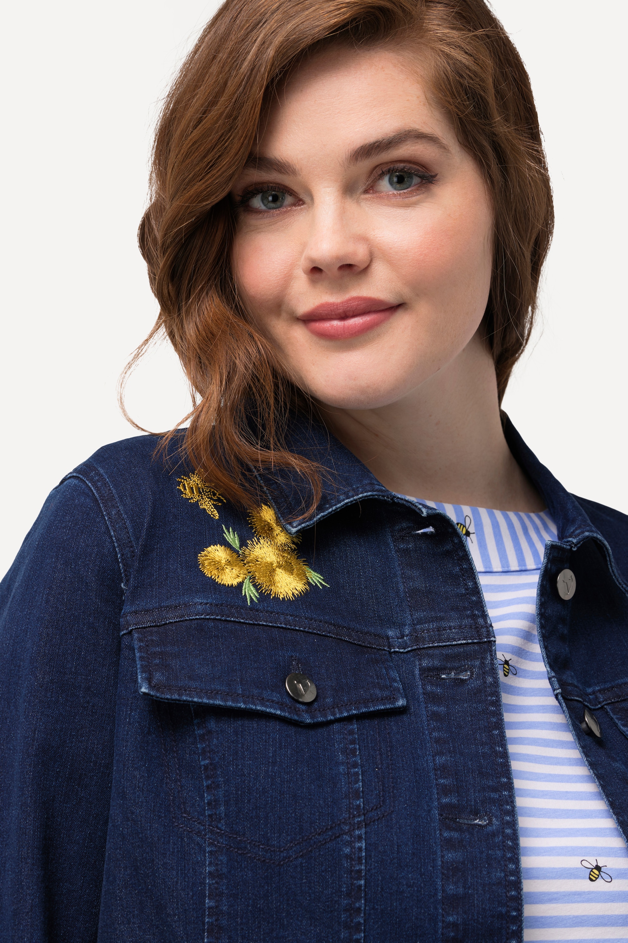 Ulla Popken Damen große Größen Jeansjacke Bienen Stickerei Hemdkragen 826533