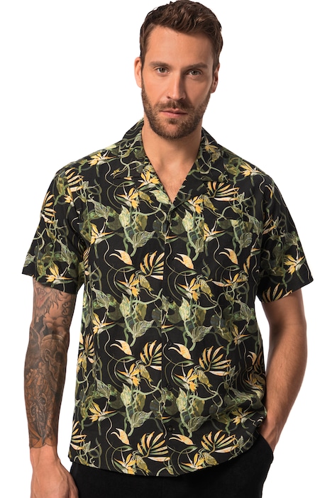 Košile, lněná směs, krátké rukávy, květovaný potisk, Cuba límeček, hranatý střih, do 8XL