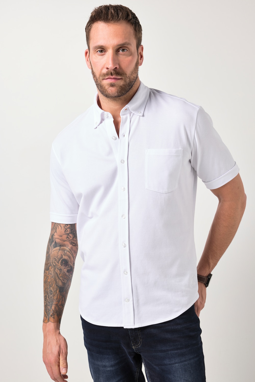 JP1880 piqué overhemd, FLEXNAMIC®, korte mouw, buttondown-kraag, moderne pasvorm, tot 8XL