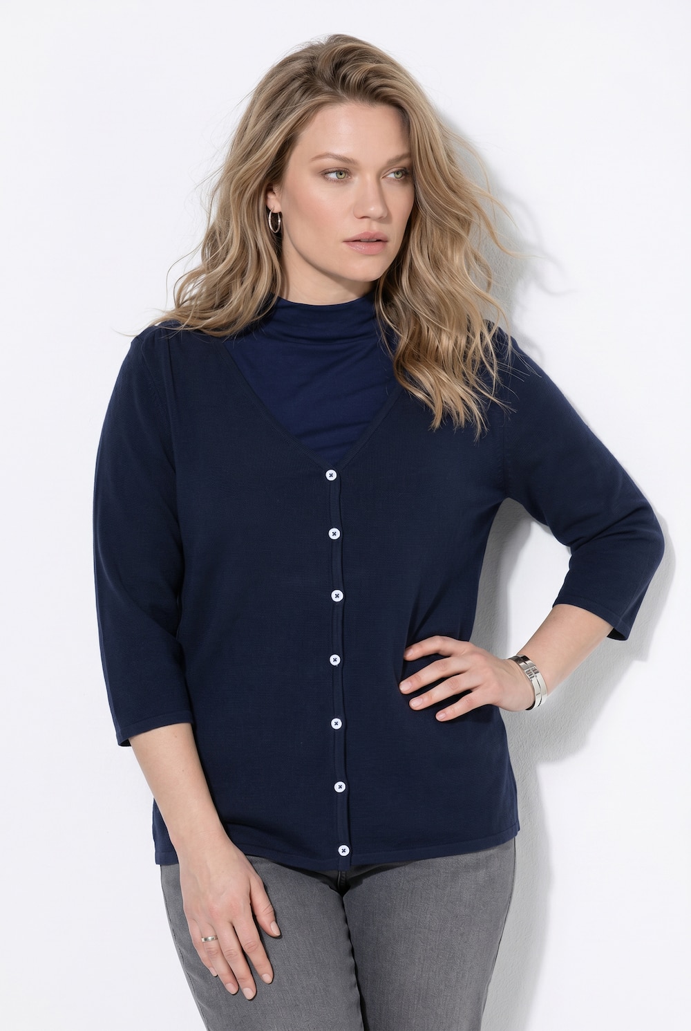 Strickjacke, V-Ausschnitt, 3/4-Arm, Biobaumwolle