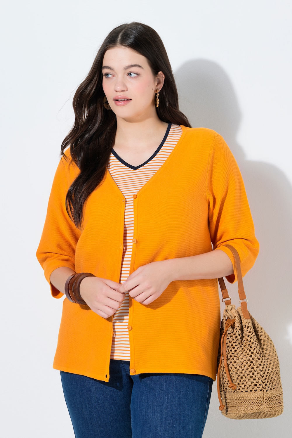 Strickjacke, V-Ausschnitt, 3/4-Arm, Biobaumwolle