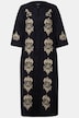 Robe maxi en lin avec fleurs brodées, col tunisien et manches 3/4
