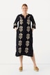 Robe maxi en lin avec fleurs brodées, col tunisien et manches 3/4