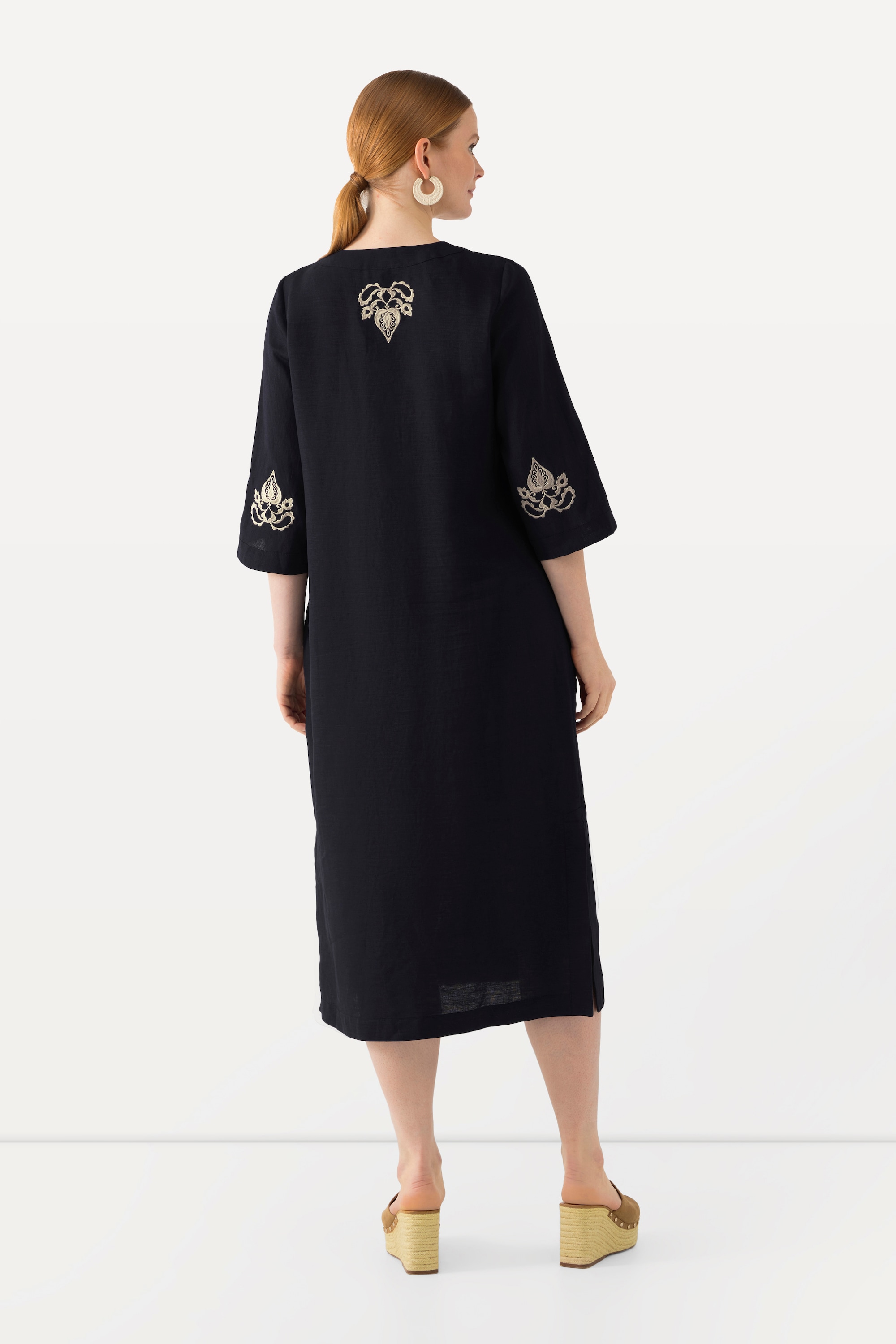 Ulla Popken Damen große Größen Leinen Maxikleid Stickerei Tunika Ausschnitt