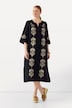 Robe maxi en lin avec fleurs brodées, col tunisien et manches 3/4