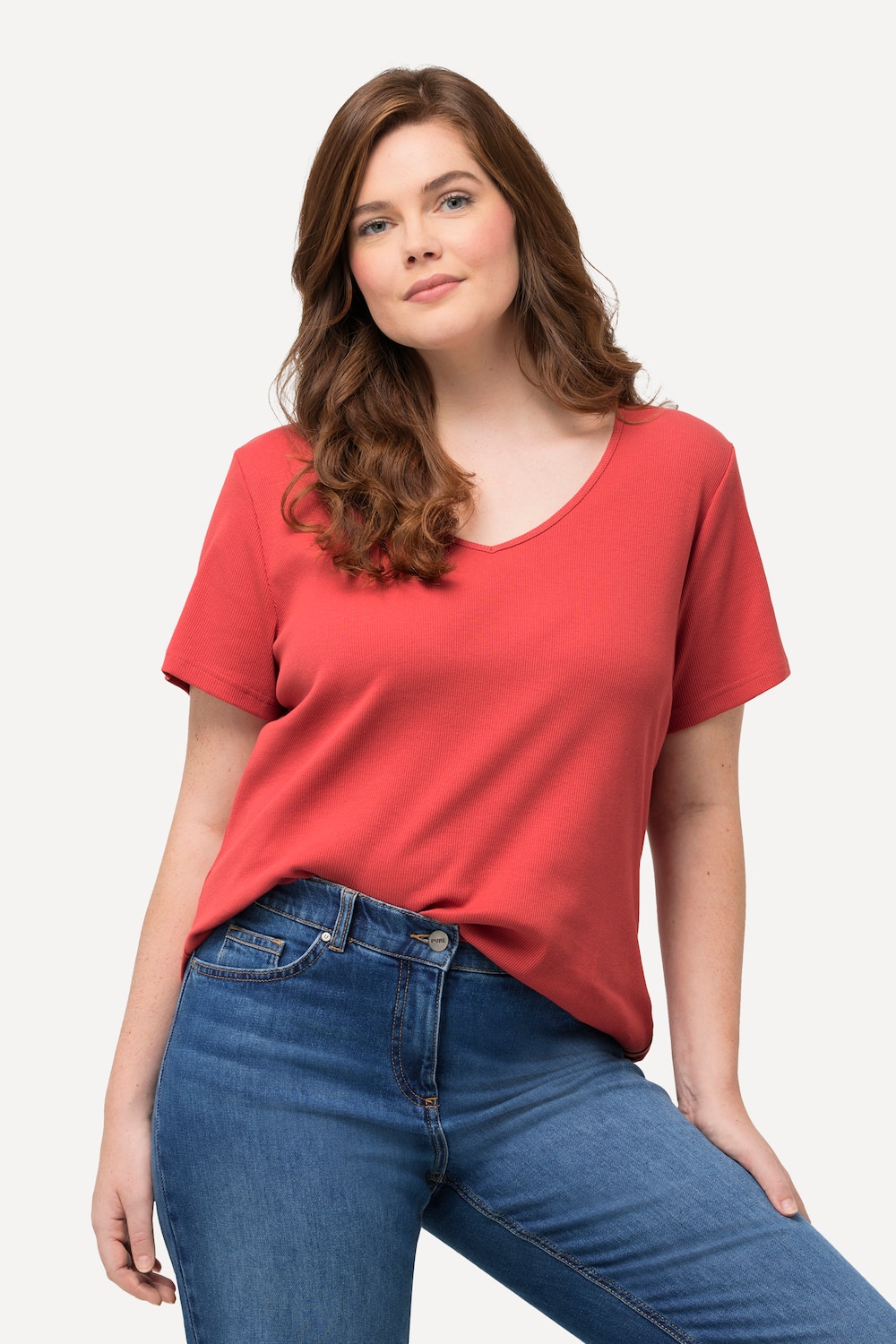 Grote Maten ribshirt, Dames, rood, Maat: 46/48, Katoen, Ulla Popken