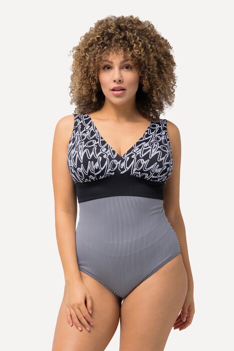 Ulla Popken Plus Size One Piece Swimsuit - Mixed Print, Plunging V-Neck, Soft Cups For Women