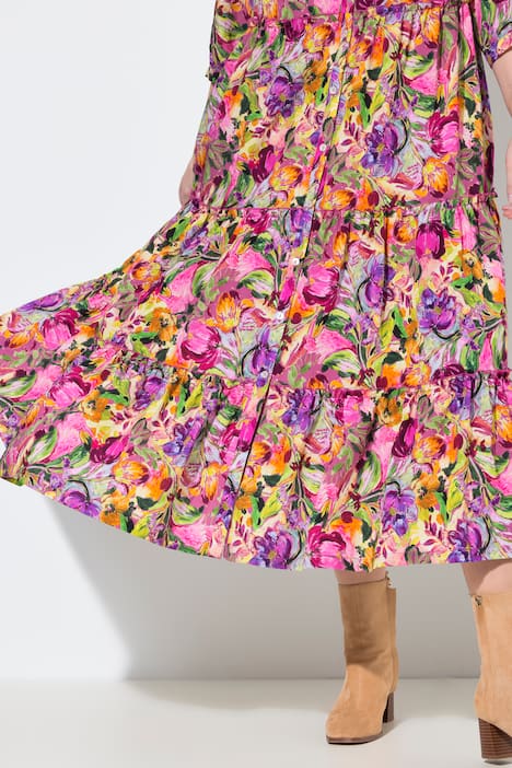 Maxikleid, Stehkragen, V-Ausschnitt, 3/4-Arm, Knöpfe