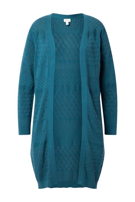 Dlouhý rozepínací svetr, otevřený střih, ažur, biobavlna