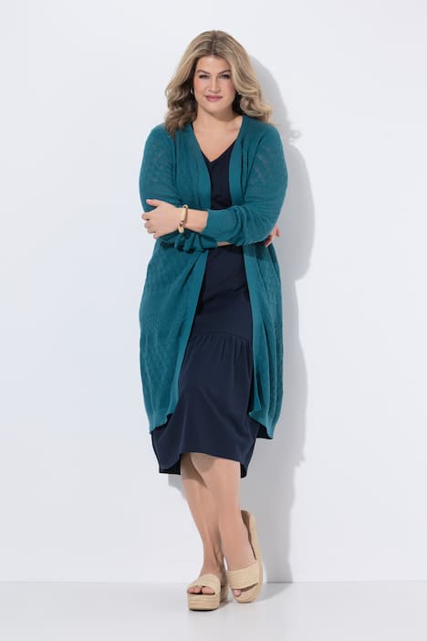 Long-Strickjacke, offene Form, Ajour, Biobaumwolle