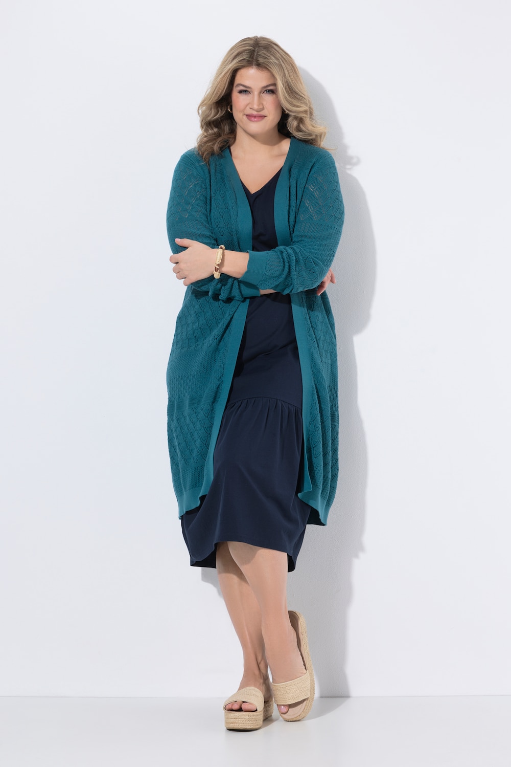 Long-Strickjacke, offene Form, Ajour, Biobaumwolle