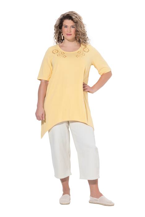 Tričko, děrovaná výšivka, kulatý výstřih, krátké rukávy, biobavlna