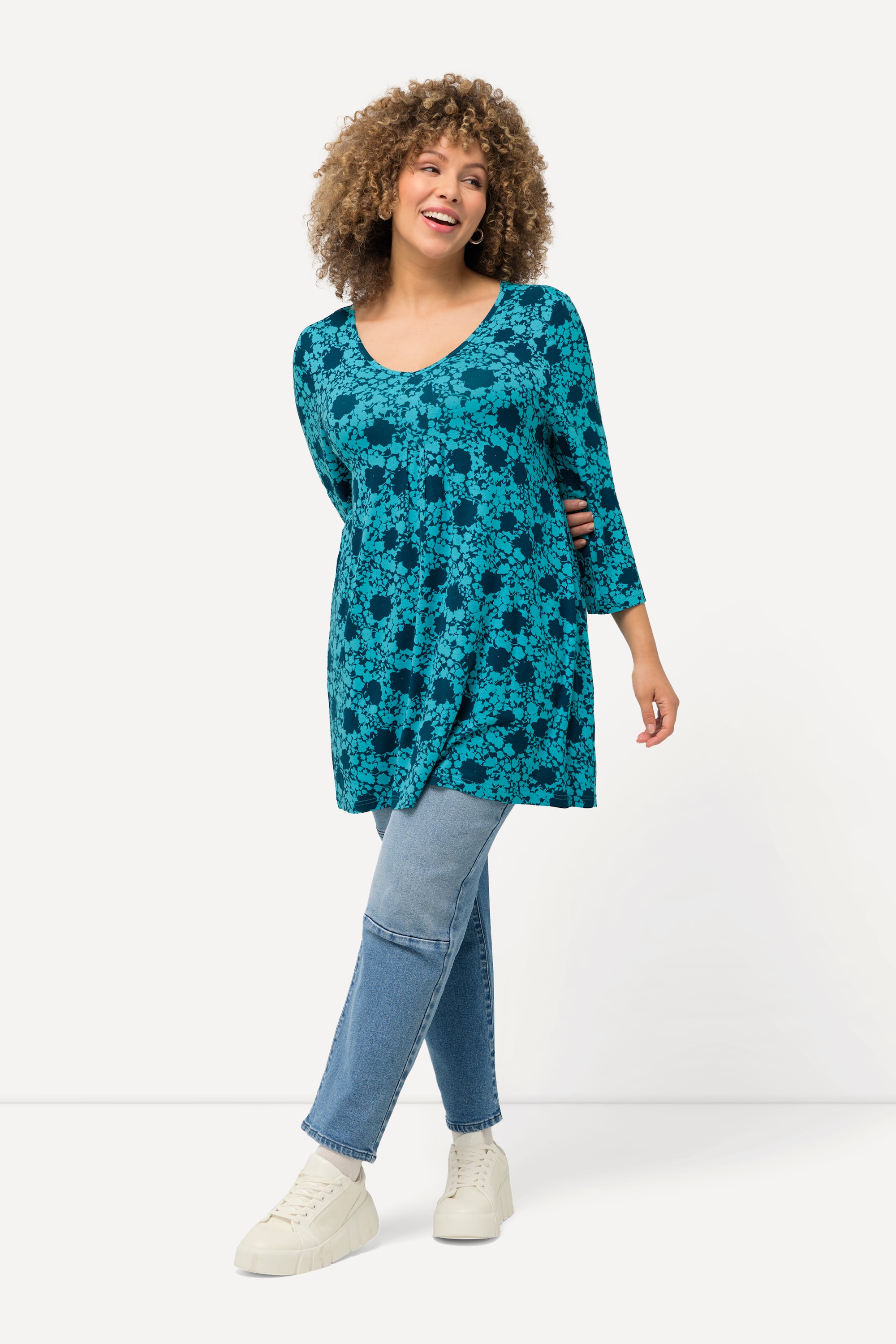 Ulla Popken Damen große Größen Shirt Blüten A Linie V Ausschnitt 3 4 Arm 826857