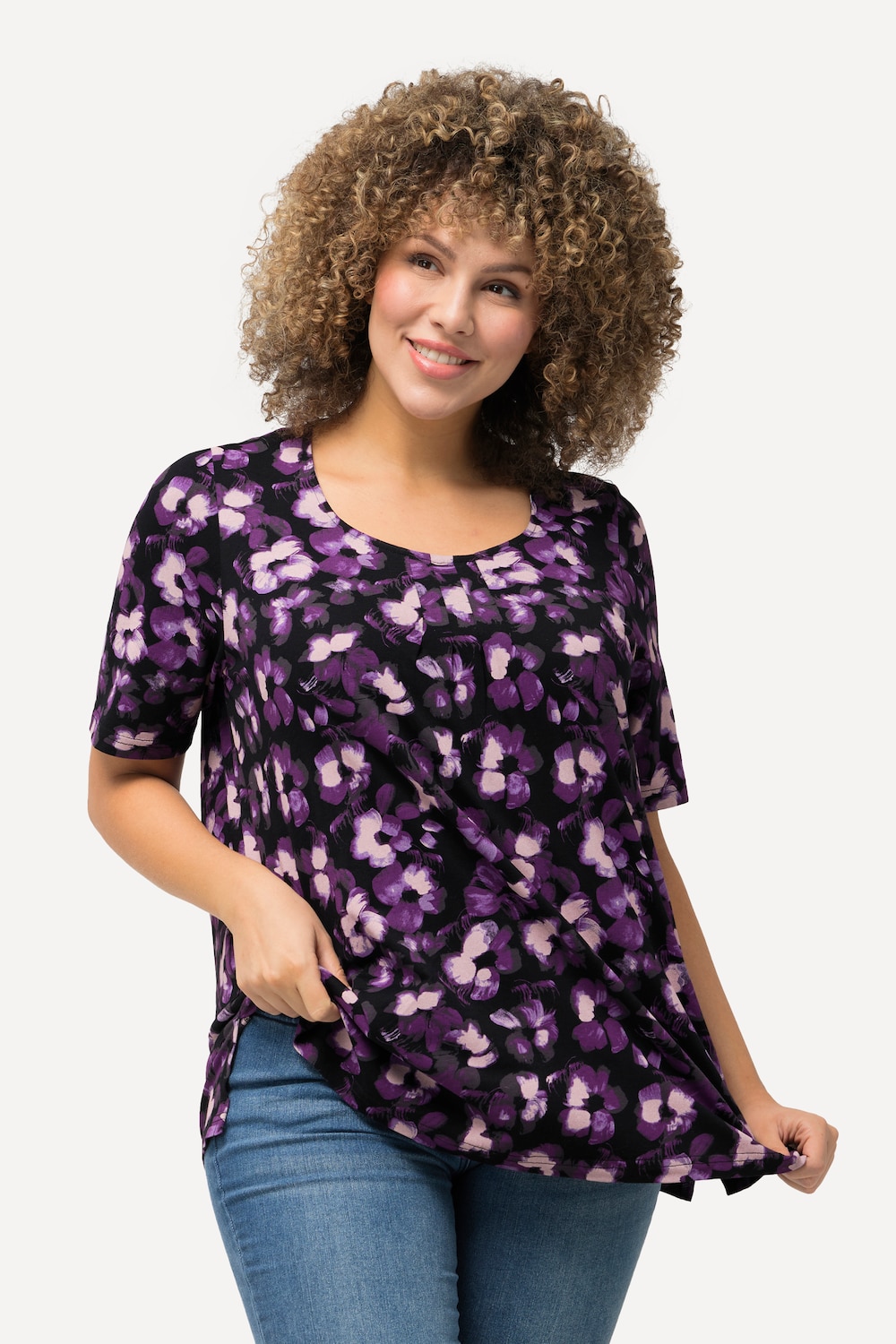 T-shirt, batikprint, A-lijn, hartvormige hals, korte mouwen
