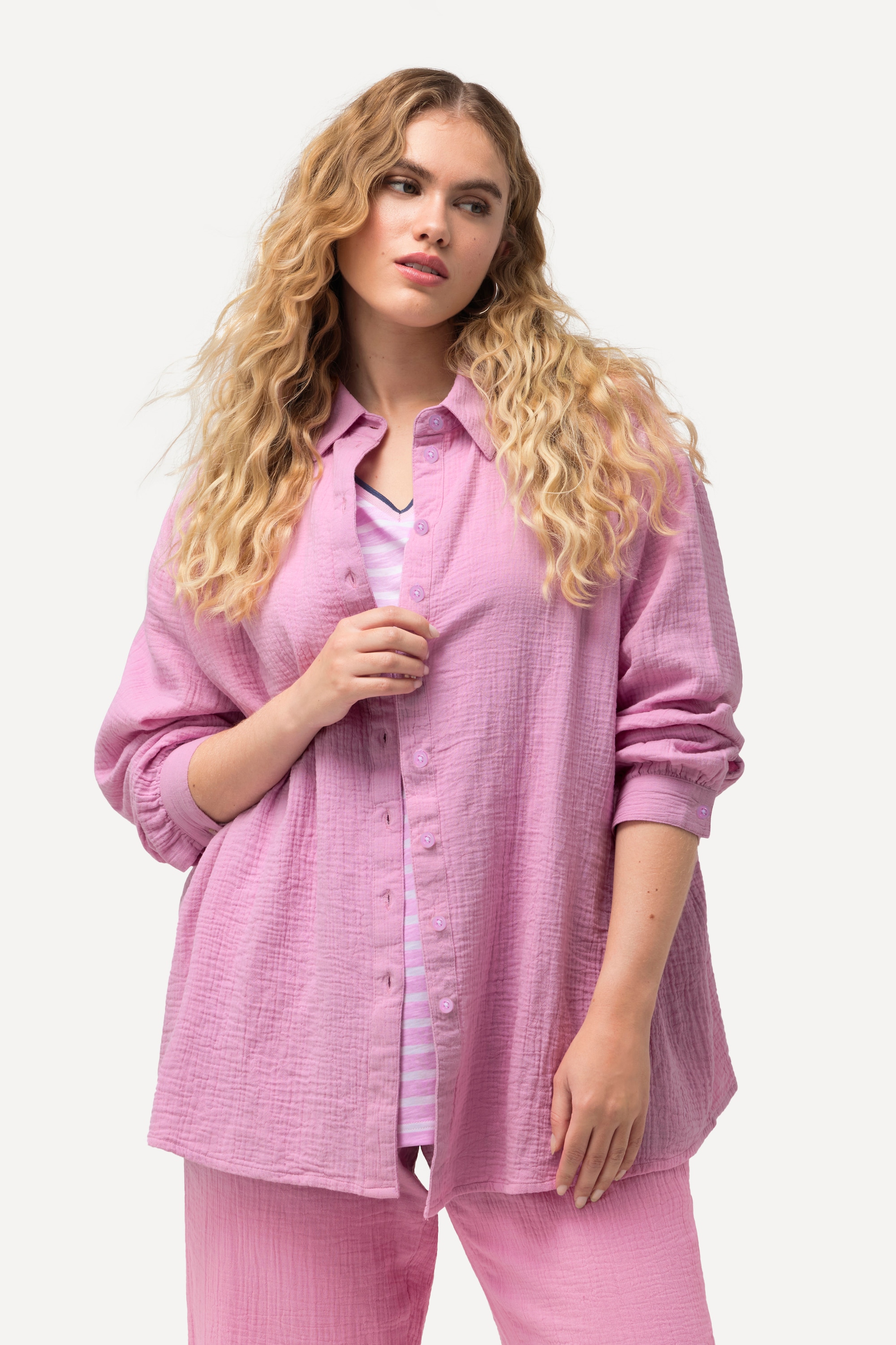 Ulla Popken Damen große Größen Musselin Hemdbluse Oversized Hemdkragen