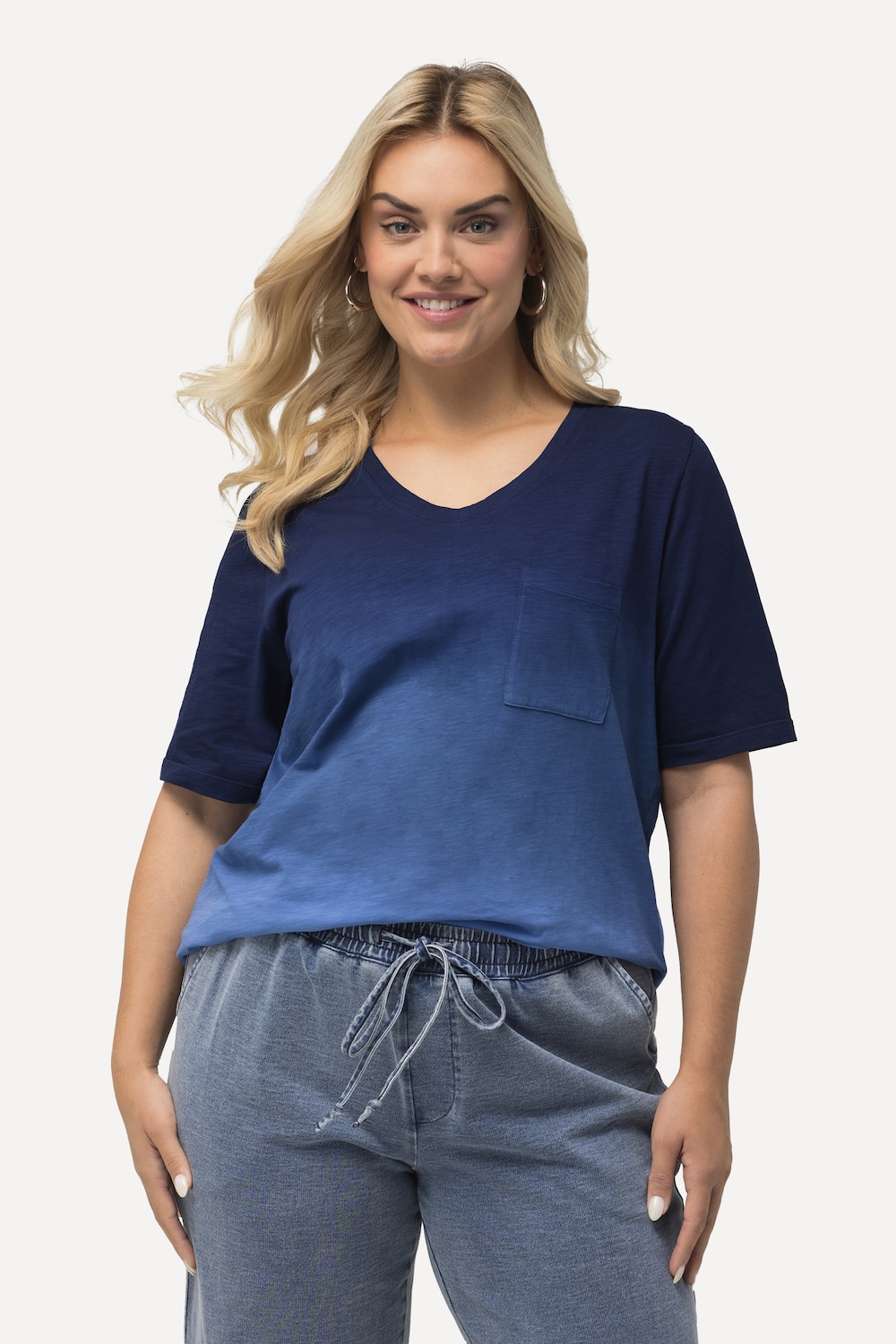 Grote Maten T-shirt, Dames, blauw, Maat: 50/52, Katoen, Ulla Popken