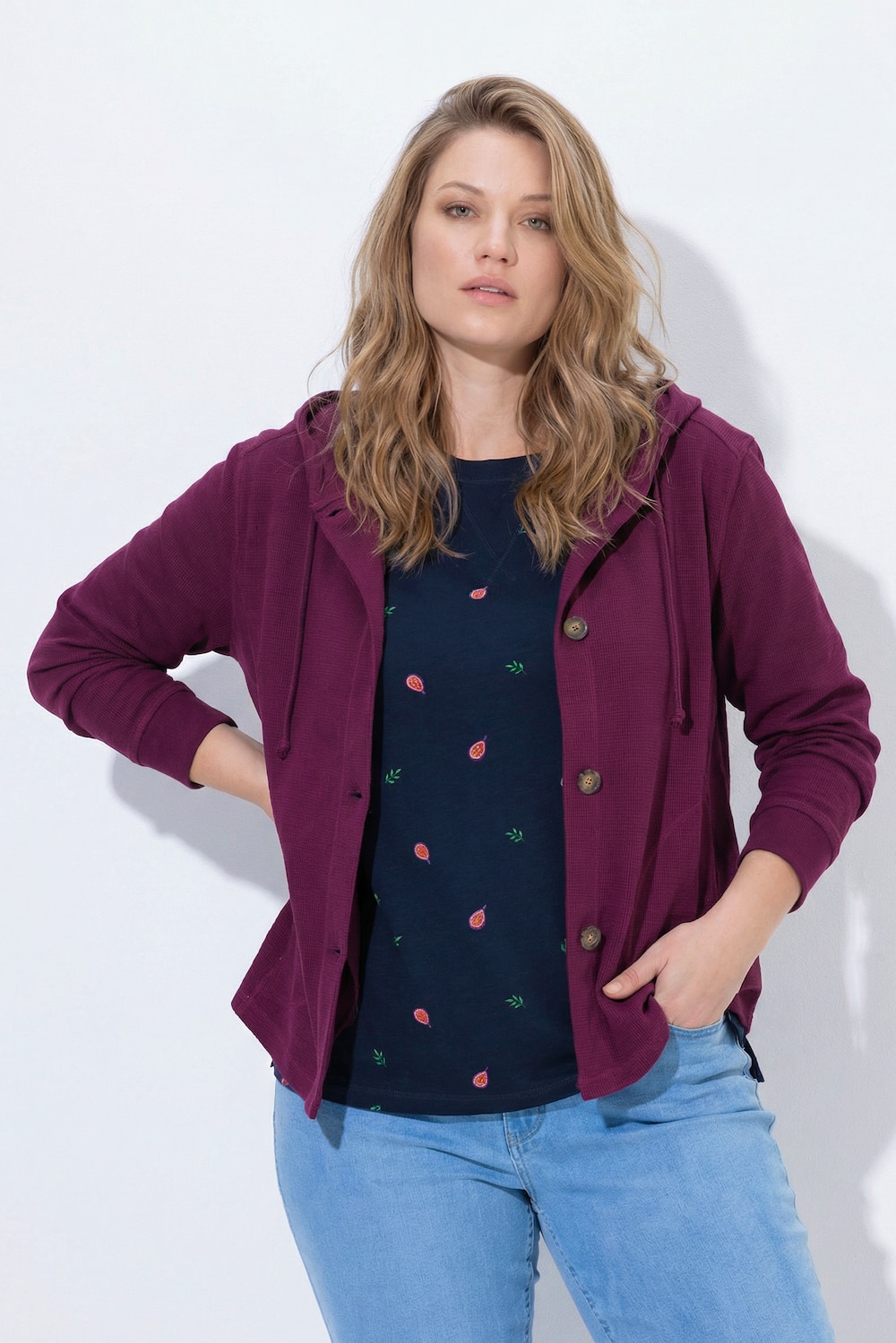 Sweatjacke, Waffelstruktur, Kapuze, Biobaumwolle