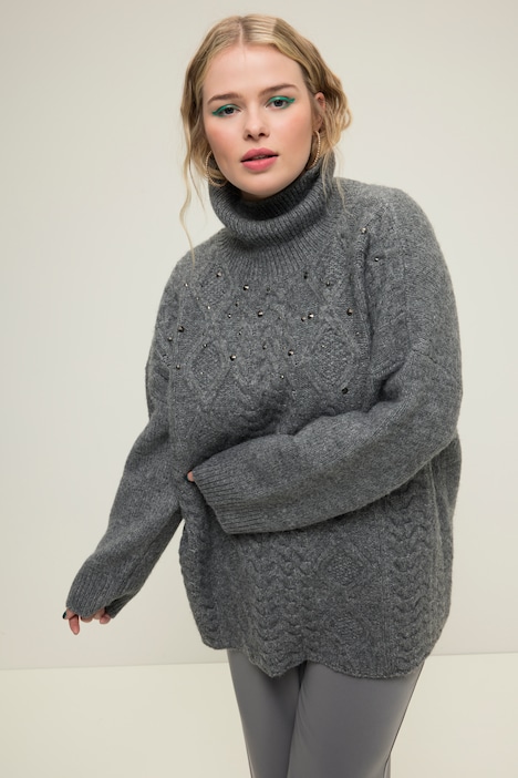 Rollkragen Pullover Oversized Zopf Strick Ziernieten