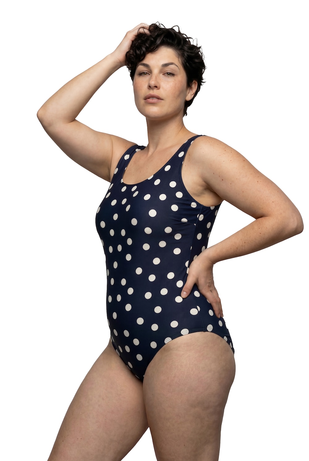 Stora storlekar Baddräkt med prickar och rund hals, Dam, blå, storlek: 54/56, Polyester/Syntetfibrer/Elastan, Ulla Popken