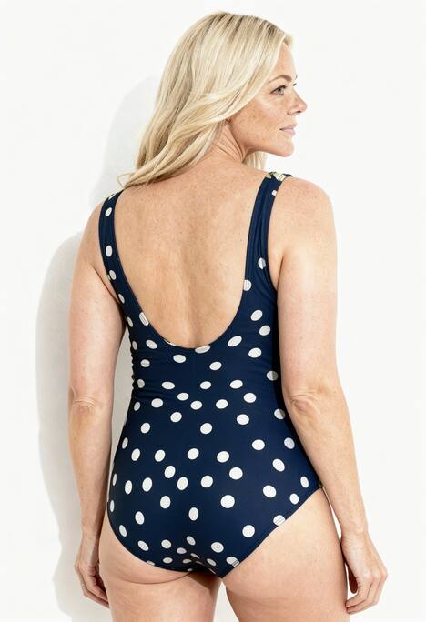 Kostium kąpielowy, kropki, bez miękkich miseczek, okrągły dekolt